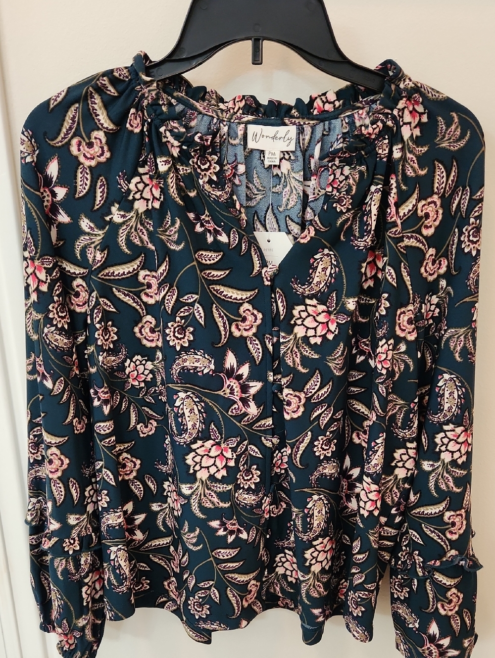 Wonderly Dark Teal Floral Tie-Neck Blouse